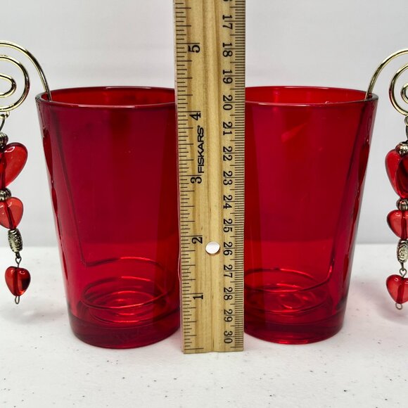 Pair Red Glass Luminary Votive Candle Holder Decorative Hearts Golden Wire Roman - Picture 15 of 17